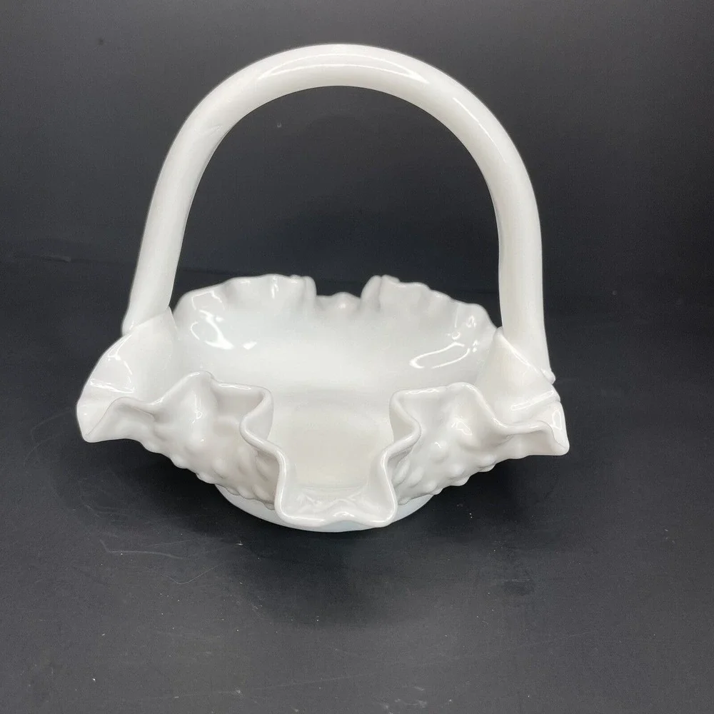Vintage Fenton‎ Ruffle Hobnail White Milk Glass Basket With Applied Handle